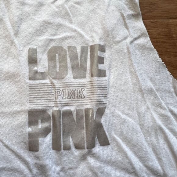 PINK Victoria's Secret Muscle Tee Tank Top Size S White/Turquoise Love Sequin - Picture 5 of 8